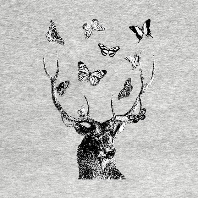 Stag and Butterflies | Black and White | by Eclectic At Heart